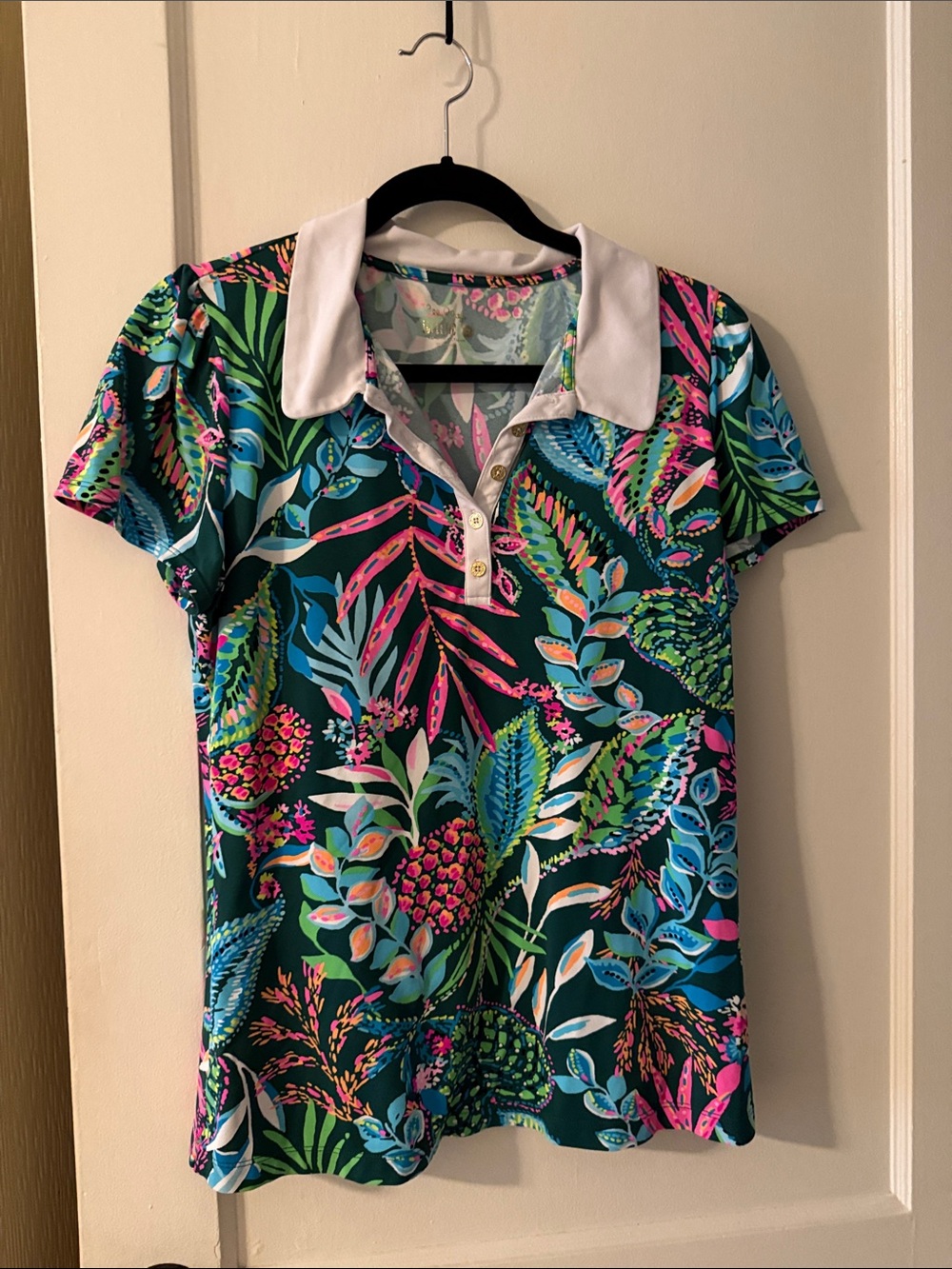 Lilly Pulitzer Teal Tropical Button-Down Polo with Pink & Blue Accents